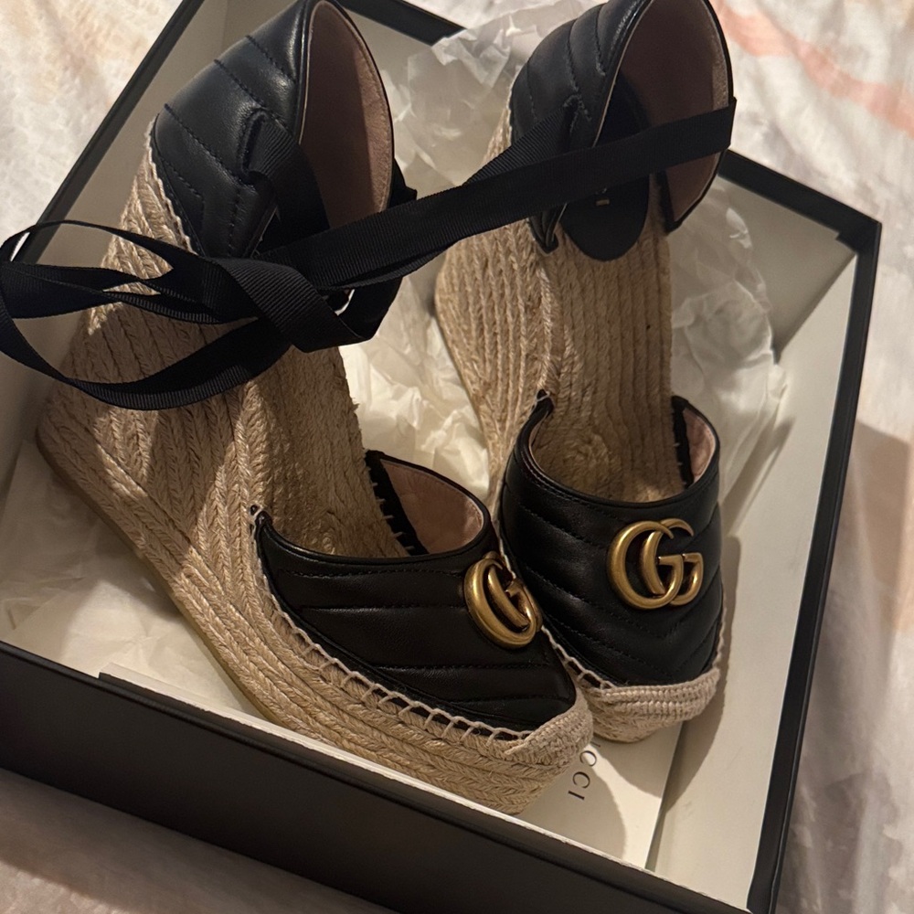 Gucci Black and Gold Espadrille Wedges